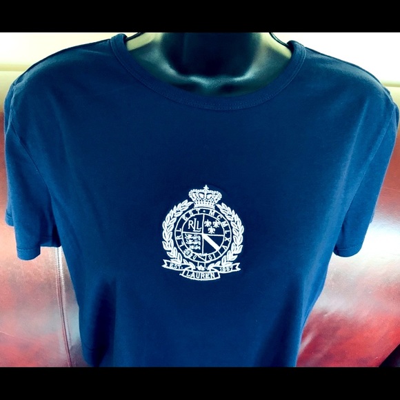 Ralph Lauren woman top navy blue cotton Crew neck white logo crest half sleeve L - Picture 7 of 11